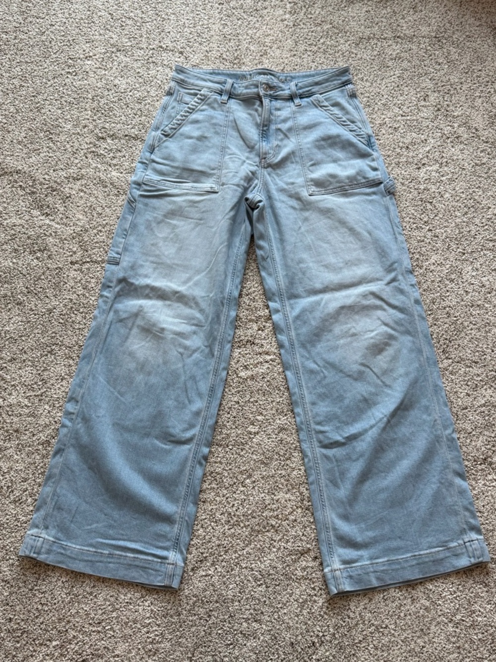 American Eagle Super High Rise Baggy Wide Leg Jeans Sz 8 Lt Wash Utility Style